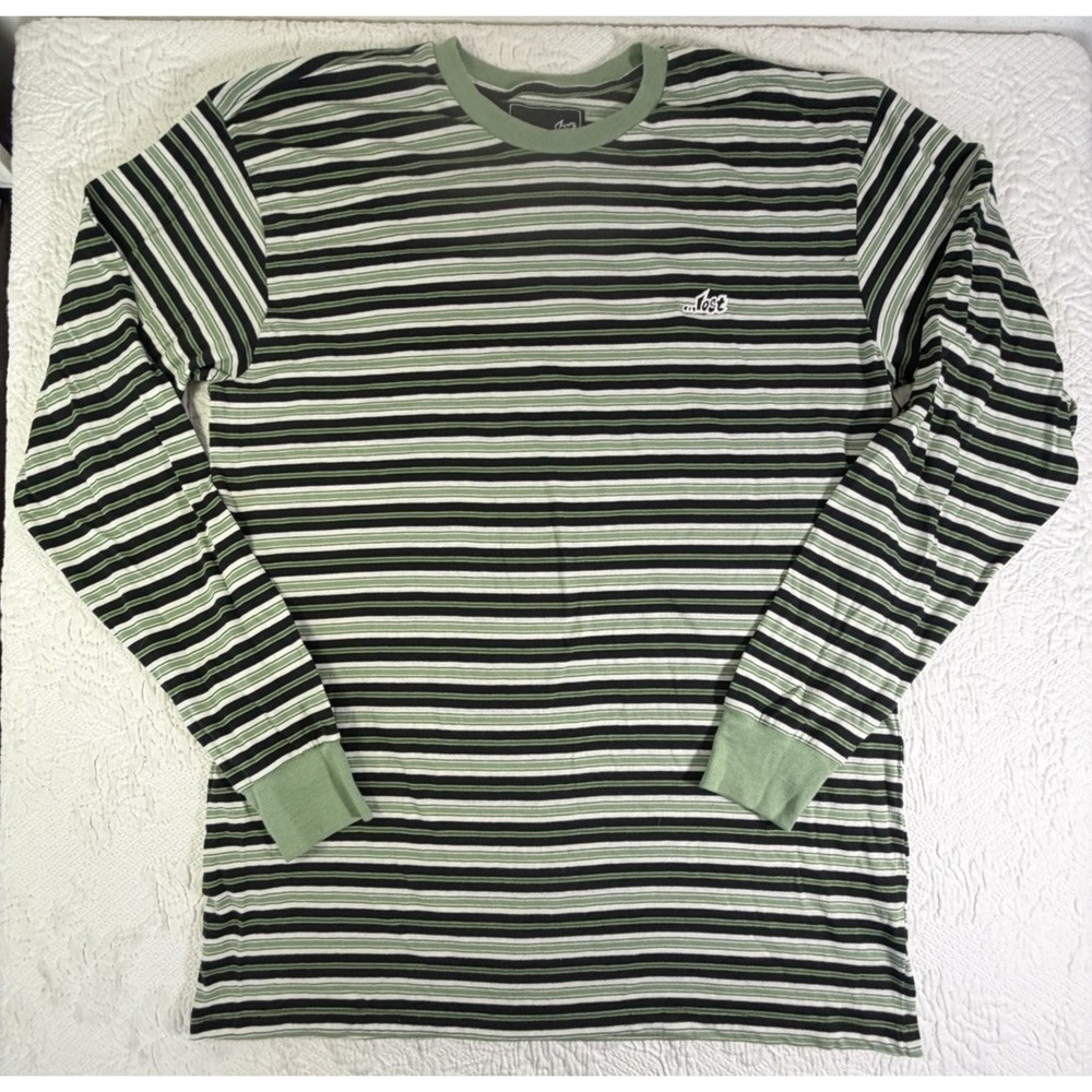 LOST‎ ENTERPRISE EMBROIDERED LOGO LONG SLEEVE HORIZONTAL STRIPED TEE Size L